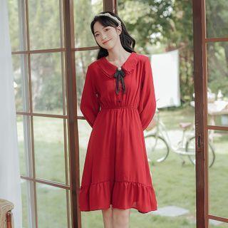 Long-sleeve Collared Bow A-line Dress