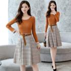Set: Long-sleeve Knit Top + Plaid A-line Skirt