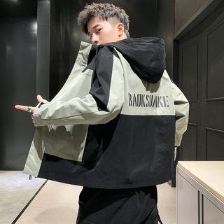 Long-sleeve Color Block Letter Hooded Jacket