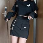 Long-sleeve Butterfly Cutout-elbow Top / Mini Skirt / Chain / Set