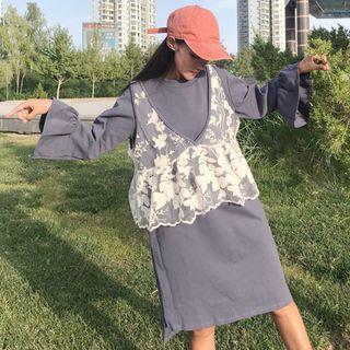 Set: Long-sleeve T-shirt Dress + V-neck Lace Vest
