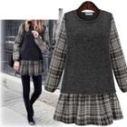 Long-sleeve Mock Two Piece Plaid Top