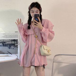 Puff-sleeve Collared Blouse Pink - One Size
