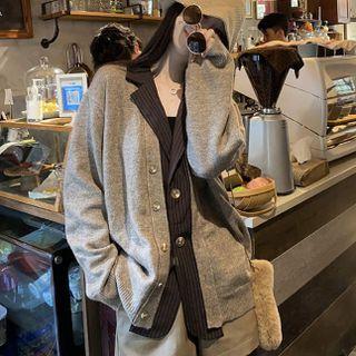Striped Shirt Panel Mock Two Piece Cardigan