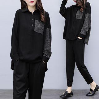 Set: Polo Collar Long-sleeve Top + Cropped Harem Pants