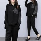 Set: Polo Collar Long-sleeve Top + Cropped Harem Pants