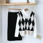 Turtleneck Long-sleeve Top / Patterned Knit Vest / Midi Straight-fit Skirt