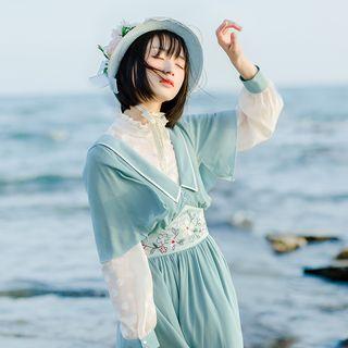 Flutter-sleeve Embroidered Panel A-line Dress