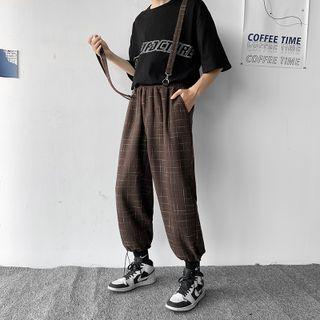 Check Wide Leg Suspender Pants