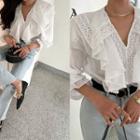 Sailor-collar Lace-trim Frilled Blouse Ivory - One Size