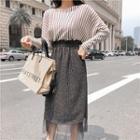 Set: Striped Knit Top + Midi Mesh Panel Knit Skirt Top - Khaki - One Size / Skirt - Gray - One Size