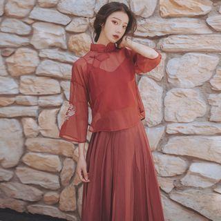 3/4-sleeve Sheer Top / Camisole Top / Pleated Midi Skirt / Set