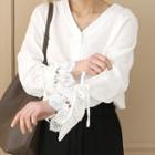 Collarless Crochet-trim Blouse