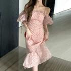 Off-shoulder Puff-sleeve Ruffled Trim Dotted Mermaid Dress