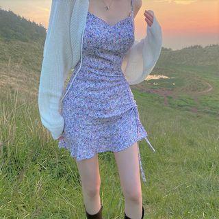 Spaghetti Strap V-neck Floral Print Ruched Mini Dress