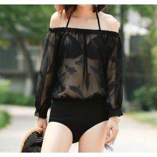 Set: Plain Bikini Top + Lace Panel Off Shoulder Swimsuit