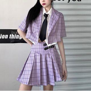 Short-sleeve Plaid Blazer / Short-sleeve Neck Tie Shirt / Pleated Skirt