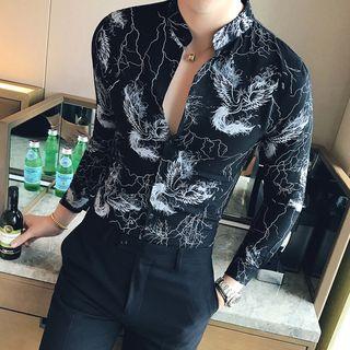 Print Stand-collar Long-sleeve Shirt