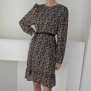 Frilled Crinkled Floral Dress With Belt