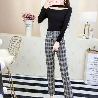 Set: Long-sleeve Off Shoulder Top + Plaid Dress Pants