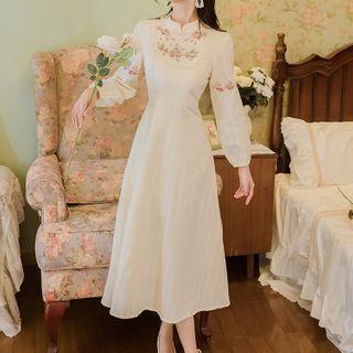 Mandarin Collar Embroidered Long-sleeve Midi A-line Dress