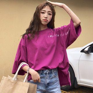 Elbow-sleeve Lettering Slit T-shirt