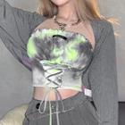 Set: Tie-dyed Lace-up Tube Top + Crop Cardigan