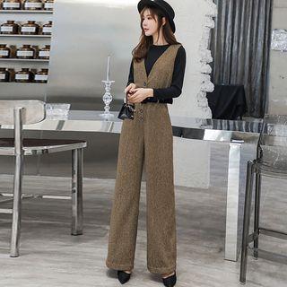 Rib Knit Top / Sleeveless Wide Leg Jumpsuit / Set