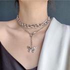 Alloy Butterfly Pendant Layered Choker Necklace Silver - One Size