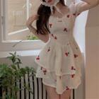 Short-sleeve Cherry Embroidered Mini A-line Dress