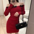 Long-sleeve Off-shoulder Bow-accent Mini Bodycon Dress