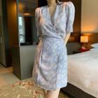 Floral Short-sleeve Wrap-front Mini A-line Dress