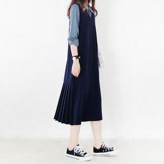 Pleated Midi Pinafore Dress / Plain Blouse / Set