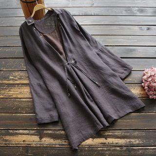 Long-sleeve Mock Two Piece Linen Top Dark Gray - One Size