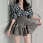 Plaid Short-sleeve Blouse / High-waist Mini Tiered Skirt