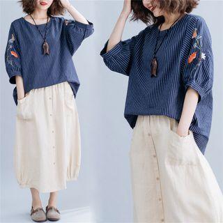 Flower Embroidered Striped Elbow-sleeve Blouse Navy Blue - One Size