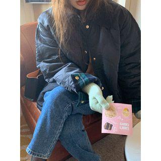 Corduroy-collar Plaid-lining Boxy Padded Jacket