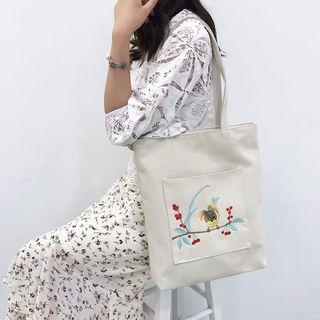Bird Embroidered Canvas Shopper Bag Off-white - One Size