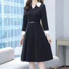 Contrast Collar Long-sleeve Midi A-line Dress