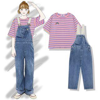 Striped Short-sleeve T-shirt / Denim Jumper Pants