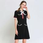 Short-sleeve Collar Bow Accent Mini A-line Dress