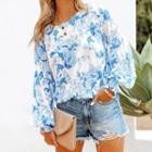 Floral Print Crew Neck Puff-sleeve Top