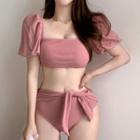 Swim Set: Puff-sleeve Crop Top + Bottom