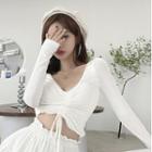 Long-sleeve V-neck Drawstring T-shirt T-shirt - White - One Size