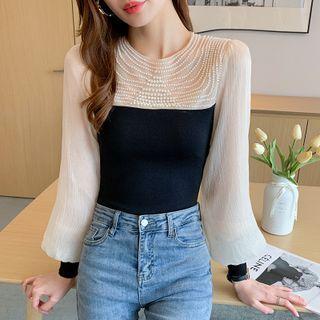 Lantern-sleeve Faux Pearl Mesh Panel Knit Top