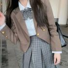 Logo Shirt / Plaid Bow Tie / Double-breasted Blazer / Plaid Pleated Mini A-line Skirt / Set