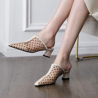 Genuine Leather Polka Dots Mesh Panel Kitten Heel Mules