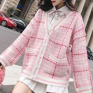 Color-block Plaid Long-sleeve Knit Cardigan