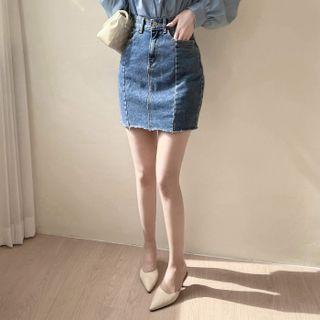 Frayed Denim Pencil Miniskirt