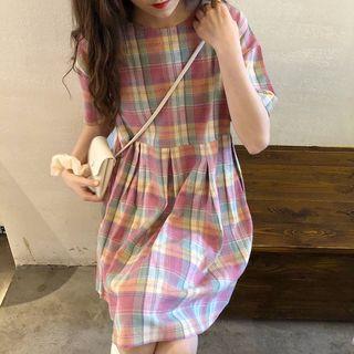 Short-sleeve Plaid Mini Dress / Short-sleeve Plaid Midi Shirtdress